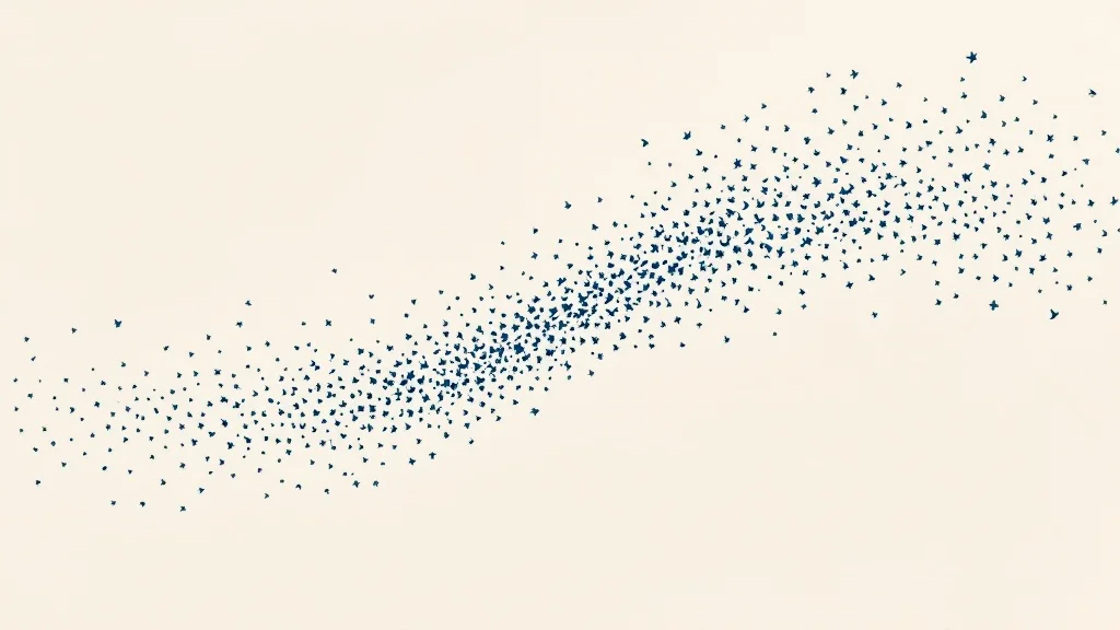 A murmuration of indigo birds sweeping across warm paper.
