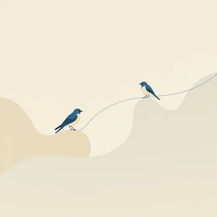 Two indigo birds meeting, the flock gathering around them.